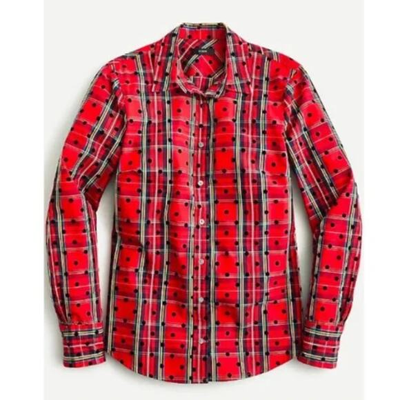 J. Crew Slim Perfect Red Tartan Button Down with Velvet Dots Size 16 - Picture 1 of 9